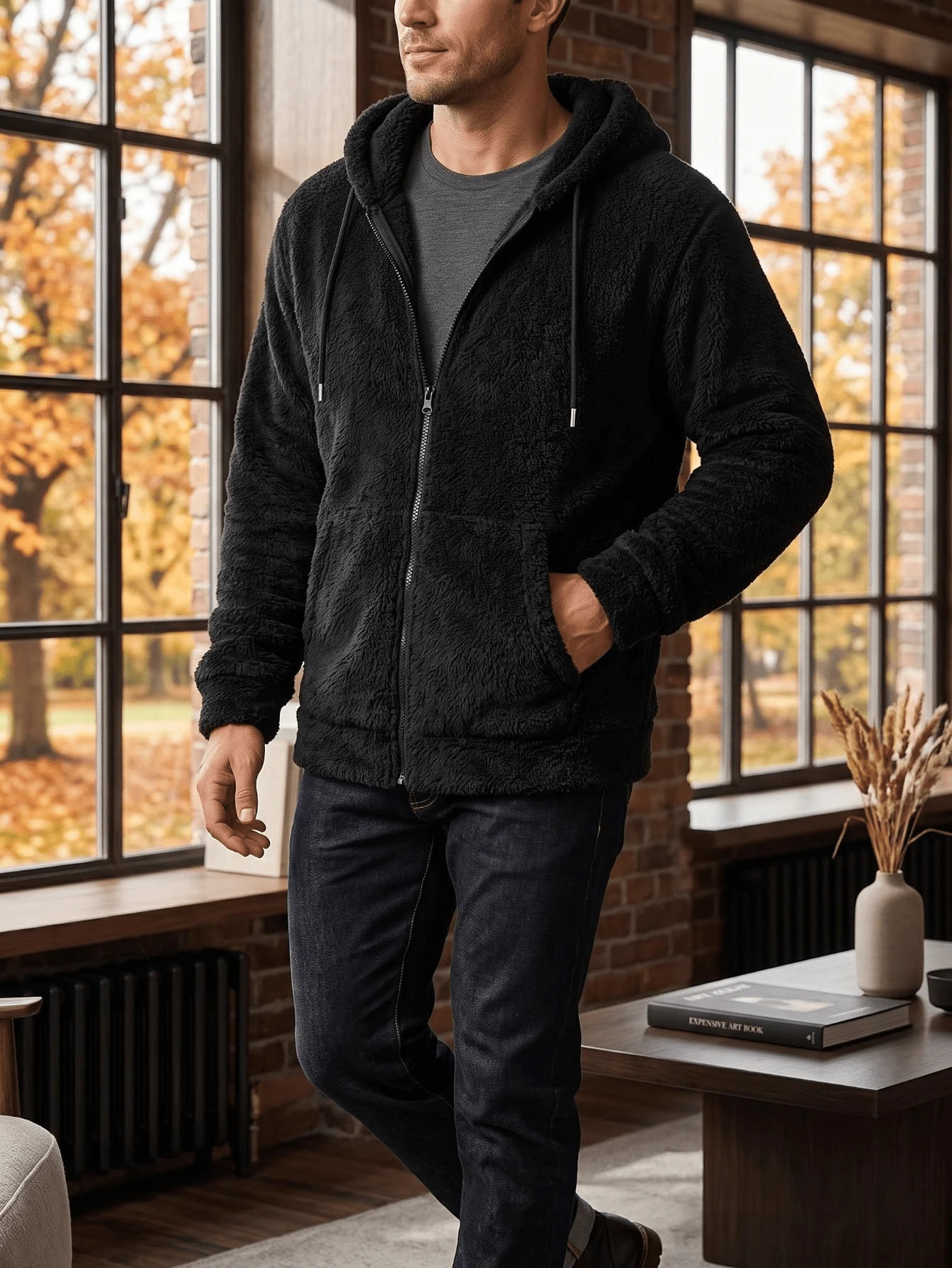 Jaket Hoodie Fleece Polos Pria dengan Resleting dan Tali Serut, Jaket Kasual Hangat untuk Musim Dingin - Hitam - View 1