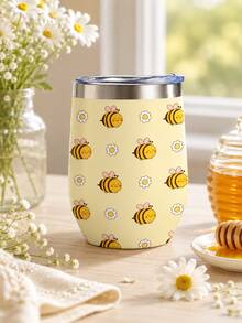 1 Pc 12oz Kawaii Floral Tumbler Cup With Lid, Cute Bee Daisy/ Strawberry Print Travel Mug, Aesthetic Pastel Insulated Coffee Cup For Women, Reusable Daily Drinkware For Office, School, Daily Use - Multicolor - View 8