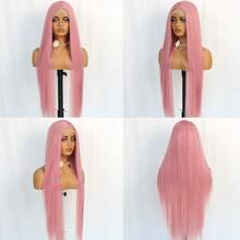 websterwigs Pink Mix Grey Long Silky Straight Synthetic Wig With Highlights Free Part 13X4 Lace Front Wigs For Women Daily Use Cosplay Party, Halloween - Multicolor - View 4