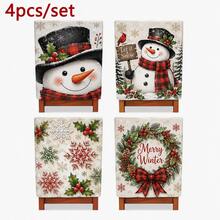 4pcs Christmas Snowman Print Chair Back Covers, Winter Berry Snowflake Dining Chair Back Covers, Suitable For Dining Room, Kitchen, Home Gathering And Christmas Decoration - Multicolor - View 9