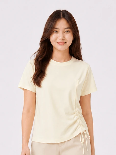 Li-Ning Women's Adjustable Drawstring Side Ruched Elastic Quick-Dry Breathable Short Fitness T-Shirt ATSV900 - Mother Of Pearl White - View 1