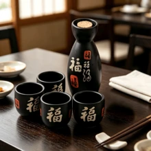 日式陶瓷清酒套組，含1壺4杯，多款花紋可選，包括大頭魚、招財貓等設計，適合居酒屋、家庭晚餐與節日飲酒，可用於盛裝清酒與米酒 - 彩色 - 查看 2