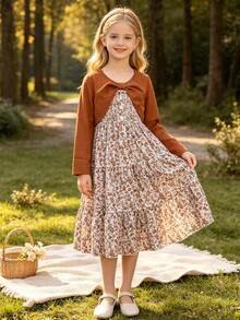 Left Mama Parte superior de manga larga y vestido con tirantes florales para niñas preadolescentes, primavera/otoño - Marrón - Ver 1