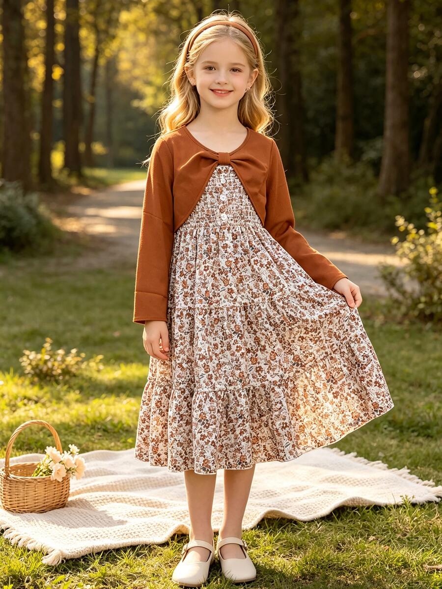 Left Mama Parte superior de manga larga y vestido con tirantes florales para niñas preadolescentes, primavera/otoño - Marrón - Ver 1