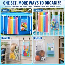 2pcs Poolside Mesh Storage Bags (1 Large White Trim Bag + 1 Small Blue Trim Bag), Hanging Pool Storage Bags, Swimming Pool Storage Bag Set, Toy Storage Organizer, Mesh Hanging Bag, Space-Saving, Easy To Clean, Multi-Functional Storage Hanging Bag With Bracket, Hook Mesh Bag, Toy & Float Storage, Say Goodbye To Clutter - Multicolor - View 2