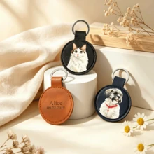 Custom Pet Photo Keychain, Personalized Name Keyring, PU Leather Cat & Dog Commemorative Gift, Round Metal Keychain, Aesthetic Collar Pendant, Perfect Birthday Gift For Pet Lovers, Adjustable Anti-Loss Collar Pendant Accessory - Multicolor - View 2