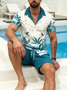 Men's Beach Vacation Casual Blue Green Leaf & Bird Print Shirt And Shorts Set - Multicolor - View 4