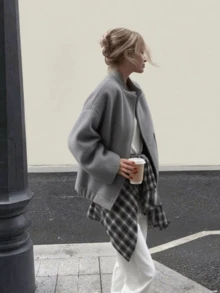 Autumn Casual Commute Grey Jacket - Grey - View 6