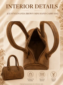 3CE Sanxi Yu Brown Mini Handbag, 19*24cm, Smooth Synthetic Leather Material With Zipper, Lightweight Design For Daily Commute, Short Trips And Personal Item Storage - Brown - View 8