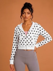 Never me Women's Sports Sweatshirt, Large Polka Dot All-Over Print, Zip-Up Short Sweatshirt, Double Pockets, Drawstring Hood, Casual Fitness Short Jacket - White - View 6