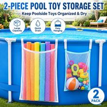 2pcs Poolside Mesh Storage Bags (1 Large White Trim Bag + 1 Small Blue Trim Bag), Hanging Pool Storage Bags, Swimming Pool Storage Bag Set, Toy Storage Organizer, Mesh Hanging Bag, Space-Saving, Easy To Clean, Multi-Functional Storage Hanging Bag With Bracket, Hook Mesh Bag, Toy & Float Storage, Say Goodbye To Clutter - Multicolor - View 1