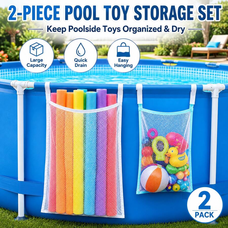 2pcs Poolside Mesh Storage Bags (1 Large White Trim Bag + 1 Small Blue Trim Bag), Hanging Pool Storage Bags, Swimming Pool Storage Bag Set, Toy Storage Organizer, Mesh Hanging Bag, Space-Saving, Easy To Clean, Multi-Functional Storage Hanging Bag With Bracket, Hook Mesh Bag, Toy & Float Storage, Say Goodbye To Clutter - Multicolor - View 1