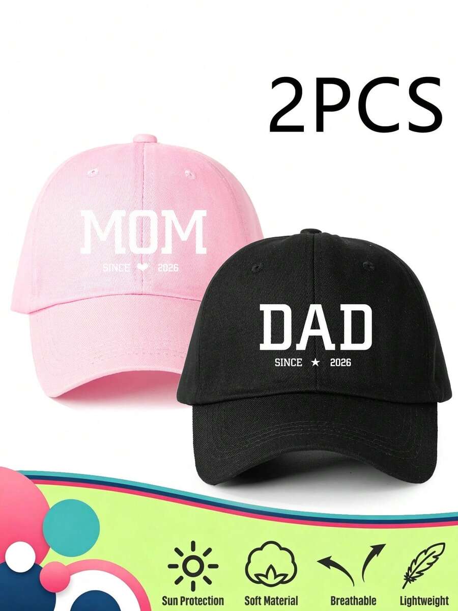 2pcs "Dad Mom 2026" Printed Baseball Caps, Classic Fashion, Soft Sweatband, Adjustable Size, Lightweight & Versatile, Adult Dad Hat - 2026 - View 1