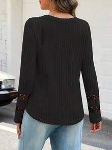 Women's Ribbed Knit Long Sleeve V-Neck Lace Detail Top, Elegant Black Blouse, Suitable For Autumn/Winter Wear - Black - View 2