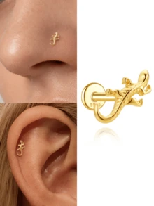 1Pc 925 Sterling Silver Fashion Lizard Nose Stud Flat Back Hypoallergenic Cartilage Body Piercing Jewelry For Women Men Daily Wear & Gifts - Gold - View 3