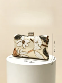 Floral Sequin Evening Clutch Bag, Hard Shell Wallet, Elegant Handheld Bag Suitable For Weddings, Galas And Parties - Gold - View 3