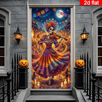 2D Flat Day Of The Dead Skeleton Violinist Door Curtain, Colorful Traditional Costume Skeleton Image With Marigolds, Candles And Colorful Flags Background, Mexican Day Of The Dead Style, Polyester Material Durable And Easy To Care For, No Power Required, Suitable For Day Of The Dead, Halloween Theme Decoration, Indoor And Outdoor Wall Hanging Fabric, Creating A Rich Holiday Atmosphere
