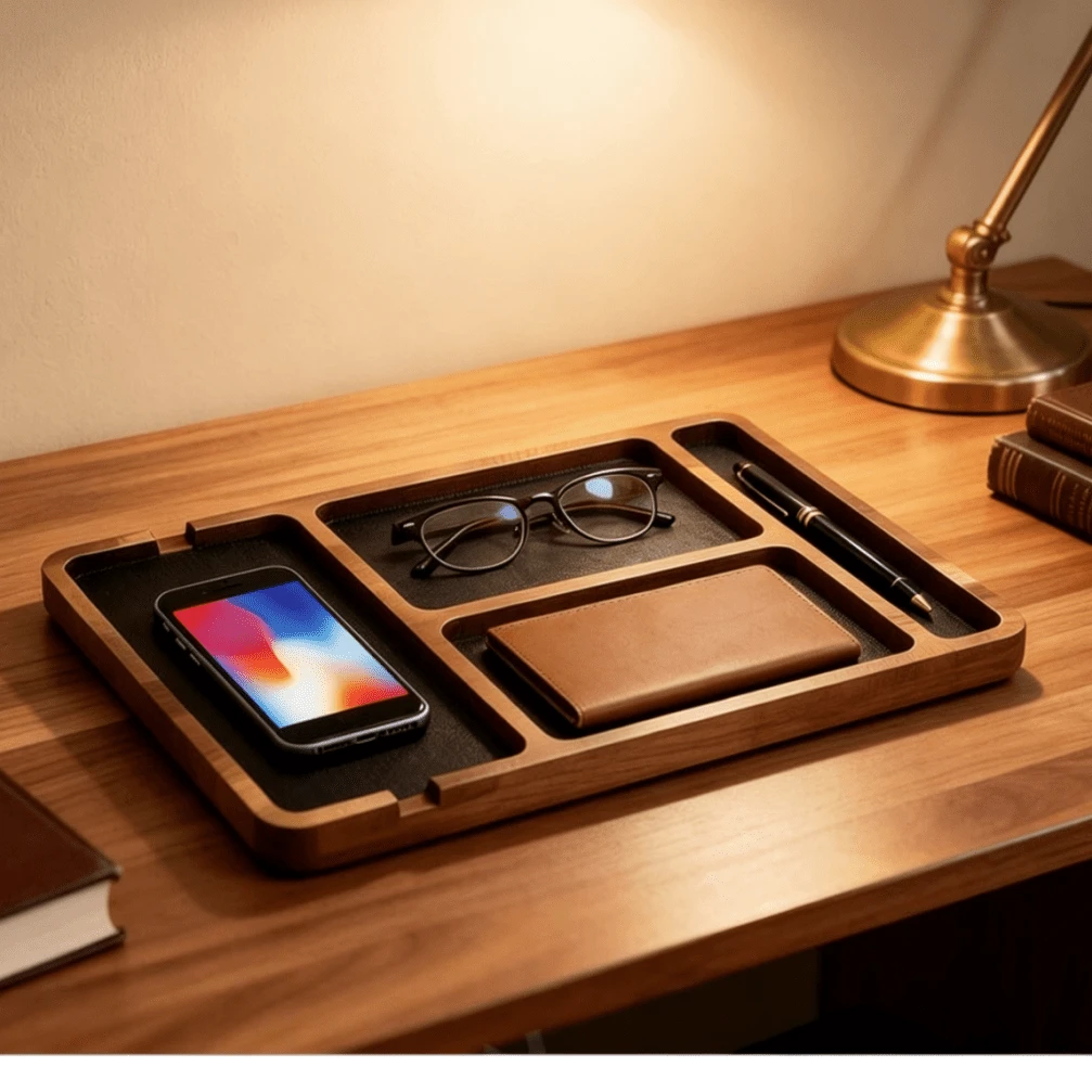 Solid Wood Desktop Organizer Box, Multi-Compartment Storage Box For Glasses/Phone/Earphones, Office Desk Tray With Dividers - Multicolor - View 1
