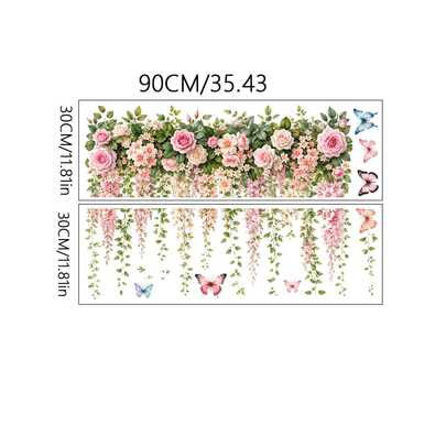 Pink Rose Wisteria Vine Wall Sticker, Hanging Floral Garland With Colorful Butterflies Decal, Romantic Cottagecore Flower Wall Art For Bedroom, Living Room, Dining Room & Nursery Decor