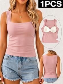 1件女款支撐彈性透氣內建胸墊羅紋背心，極簡休閒無袖上衣，適合夏季日常健身與疊穿穿搭 - 粉色 - 查看 2