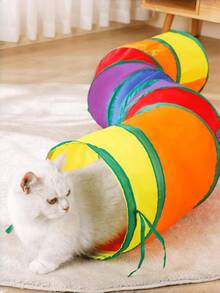 1pc Rainbow Foldable Cat Tunnel, Collapsible Pet Crinkle Tube, Interactive Game Toy For Kittens, Puppies, Rabbits, Ferrets, Indoor Exercise Hiding Training Play House With Handle - Multicolor - View 5