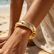 1 Peça Pulseira Torcida Feminina, Pulseira Minimalista Polida, Pulseira Banhada a Ouro 18K da Moda, Material de Liga de Zinco, Pulseira Minimalista Grossa e Lisa, Adequada para Uso Diário Feminino e Presente de Joias - Dourado - Visão 7