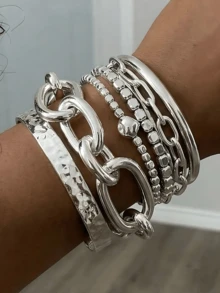 6pcs Fashion Punk Street Casual Minimalist Hip-Hop Style Geometric Pattern Beaded Bracelet Set For Men, Vacation Party Date Travel Shopping Beach Daily Wear Versatile Combination - Silver - View 2