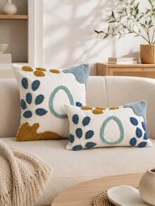 1pc/2pcs Boho Tufted Abstract Botanical Water-Drop Cushion Cover, Coastal Blue Mustard Ivory Pillow Case, Hidden Zipper, All Season Decorative Pillowcase (No Insert) For Sofa Bedroom Living Room Beach House Outdoor Garden Party Decor - Blue - View 1