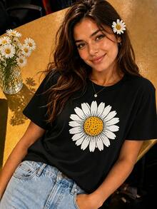 Y2K Simple Daisy Graphic Crew Neck Short Sleeve Tee Casual Loose Fit Daily Summer Top For Women - 黑色 - 查看 3