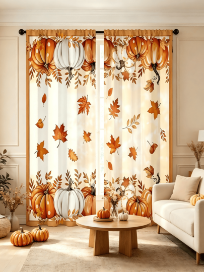 2 peças de cortinas de janela com estampado de abóbora de outono e folha de ácer, cortinas de poliéster com filtragem de luz e bolso para varão, tratamento de janela estilo farmhouse para Ação de Graças e colheita, para sala de estar, quarto e cozinha, decoração de outono para casa, 160 g/m²