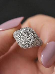 1件經典14K鍍金金銀雙色全水鑽寬版戒指，男女通用奢華重工密鑲鋯石個性化可疊戴食指戒指飾品 - 白色 - 查看 4