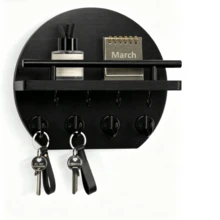 Wall-Mounted Key Rack - Apartment Wall Decor, With Shelf And 8 Key Hooks, Round Wooden Key Holder, Home Decoration - 5 Hooks - View 1
