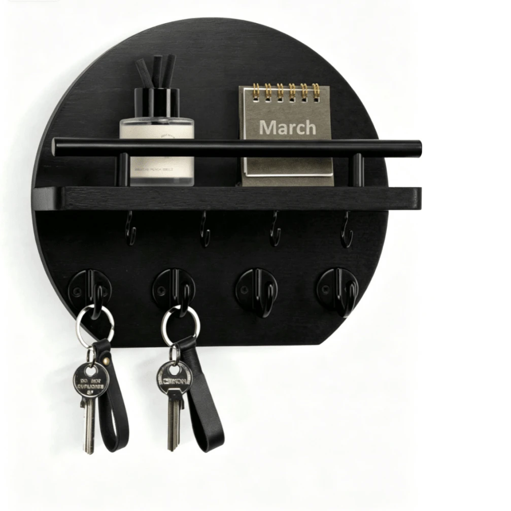 Wall-Mounted Key Rack - Apartment Wall Decor, With Shelf And 8 Key Hooks, Round Wooden Key Holder, Home Decoration - 5 Hooks - View 1