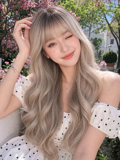 [TOPSHE LUMA] 26 Inch Loose Body Wave Layered Full Wig With Bangs, Heat Resistant Synthetic Fiber, Rooted Ash Blonde Ombre, Korean Ulzzang Style, Soft Flowy Waves, Full Cap For Daily & Dating Outfit