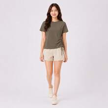 Li-Ning Women's Adjustable Drawstring Side Ruched Elastic Quick-Dry Breathable Cropped Short Sleeve Fitness T-Shirt ATSV900 - Palm Brown - View 5