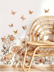 1pc Milk Tea Color Peony Daisy Floral Butterfly Wall Decor Sticker, Removable Room Decoration Wall Decal For Bedroom, Living Room, Entryway - 1PC - View 2