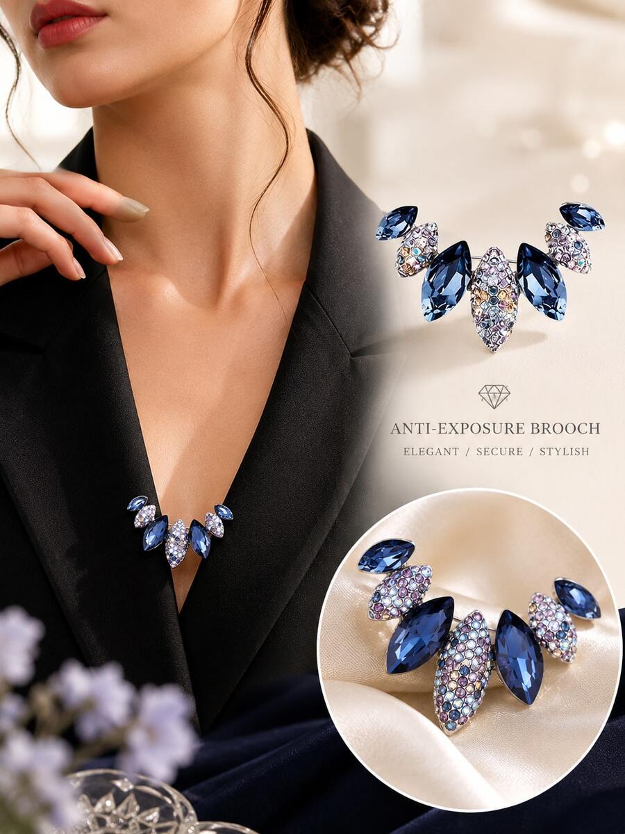 1pc Luxury Blue Purple Crystal Rhinestone Anti-Exposure Brooch, Women's Shirt Collar Fastener, Dress Suit Cardigan Decorative Pin, Suitable For Commuting, Banquet, Wedding And Daily Wear