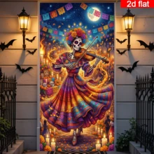 2D Flat Day Of The Dead Skeleton Violinist Door Curtain, Colorful Traditional Costume Skeleton Image With Marigolds, Candles And Colorful Flags Background, Mexican Day Of The Dead Style, Polyester Material Durable And Easy To Care For, No Power Required, Suitable For Day Of The Dead, Halloween Theme Decoration, Indoor And Outdoor Wall Hanging, Create Rich Festive Atmosphere - 1PC - View 4