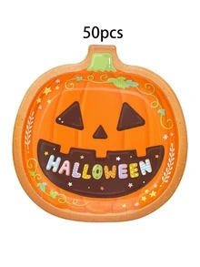 10pcs/20pcs/30pcs/50pcs/100pcs Cute Halloween Paper Plates, 9.4 Inch Pumpkin Shaped Dinner Plates, Colorful Happy Halloween Printed Paper Trays, Halloween Party Tableware, Halloween Trick Or Treat, Spooky Birthday Snack Serving Supplies - Orange Pumpkin - View 8