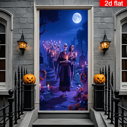 2D Flat Day Of The Dead Skeleton Parade Door Curtain, Skeleton Procession With Candles In Graveyard, Moonlight, Flowers And Tombstone Background, Mysterious Blue-Purple Tone, Durable Polyester Material, No Power Required, Suitable For Day Of The Dead, Halloween Party Decoration, Indoor/Outdoor Wall Hanging, Create Solemn And Mysterious Holiday Atmosphere