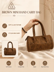 3CE Sanxi Yu Brown Mini Handbag, 19*24cm, Smooth Synthetic Leather Material With Zipper, Lightweight Design For Daily Commute, Short Trips And Personal Item Storage - Brown - View 3