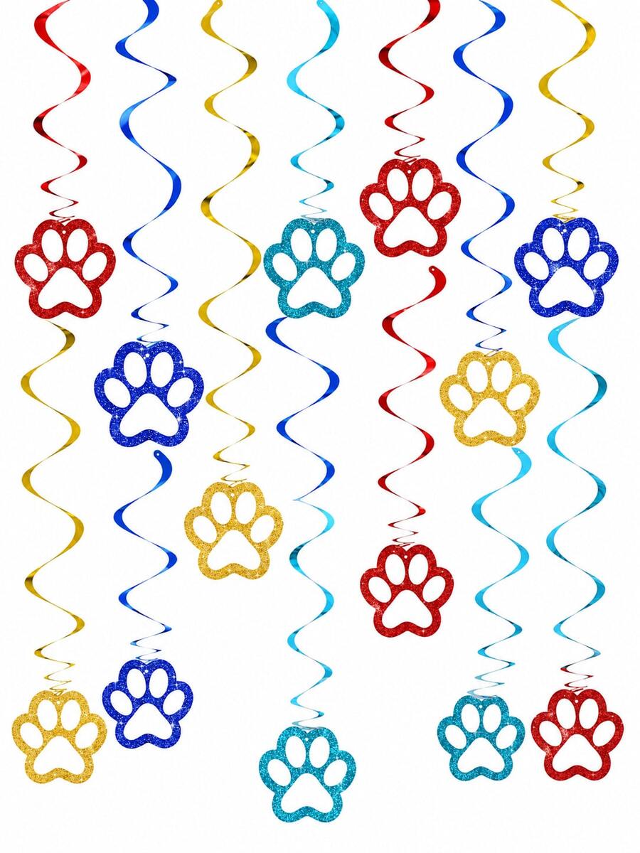 12pcs Colorful Glitter Paw Print Spiral Hanging Decorations, Paw Print Pet Birthday Party Hanging Decor, Dog Birthday Party Ceiling Hanging Decor, Photo Backdrop, Photo Booth Props And Theme Celebration Supplies - Multicolor - View 1