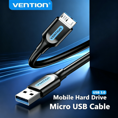 VENTION USB 3.0 Type-A 轉 Micro-B 傳輸線，5Gbps 穩定數據傳輸與快速充電，相容於 Galaxy S5、Note 3、Note Pro 12.2、WD My Passport/Elements 外接硬碟，黑色