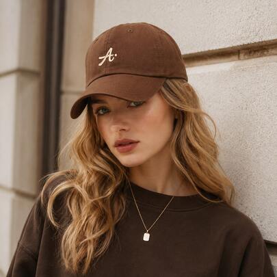 1 Pc Brown Embroidered Letter A Dad Hat, Cotton Twill Adjustable Unstructured Baseball Cap For Women Men, Vintage Style Streetwear Accessory For Vacation And Daily Wear