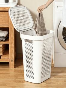 2pcs Tall Plastic Laundry Hampers With Lids, Breathable Grid Clothes Storage Baskets, Sturdy And Durable, Large Capacity Dirty Clothes Storage Bins, Suitable For Bathrooms, Laundry Rooms And Bedrooms - Multicolor - View 2
