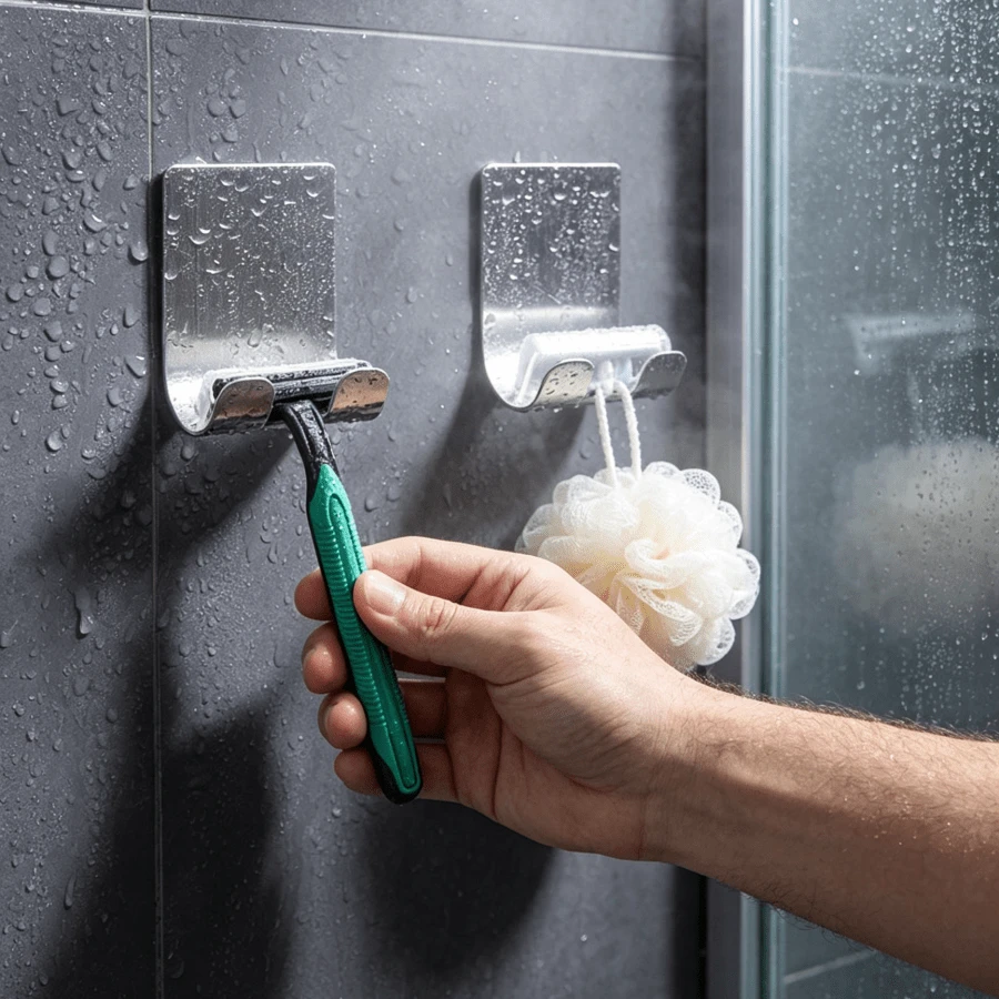 Heavy Duty Stainless Steel Razor Hook, No Drilling Installation; Waterproof Wall-Mounted Razor Holder; Suitable For Tile Bathroom Walls; Space-Saving Bathroom Shower Accessory; Men's Shaving Tool Storage
