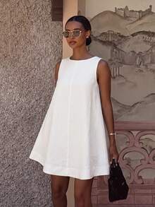 Women's Sleeveless White Casual Short Tank Dress, Round Neck Flared Hem, Perfect Summer Sun Dress - White - View 3