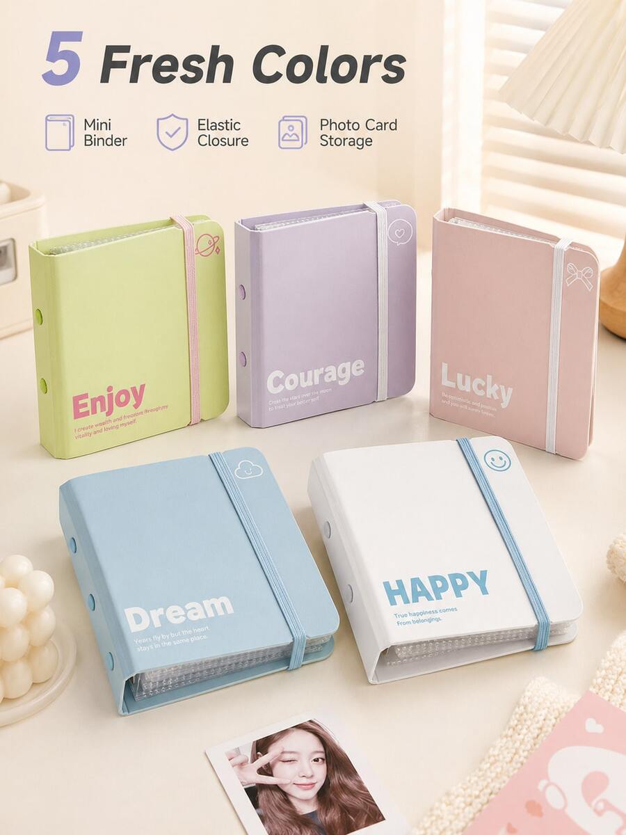 1pc Ins Pastel Mini Photo Album, Cute Foam Loose-Leaf 3 Inch Card Holder, Portable Pocket Photocard Storage Book, Multicolor Elastic Band Photo Display Decor - Multiple Styles - View 1