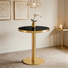 Modern Round Side Table With A Gold Stainless Steel Frame And Marble-Look Top For The Living Room, Luxury Side Table With A Sturdy Base. - 黑色+MDF+金屬 - 查看 8