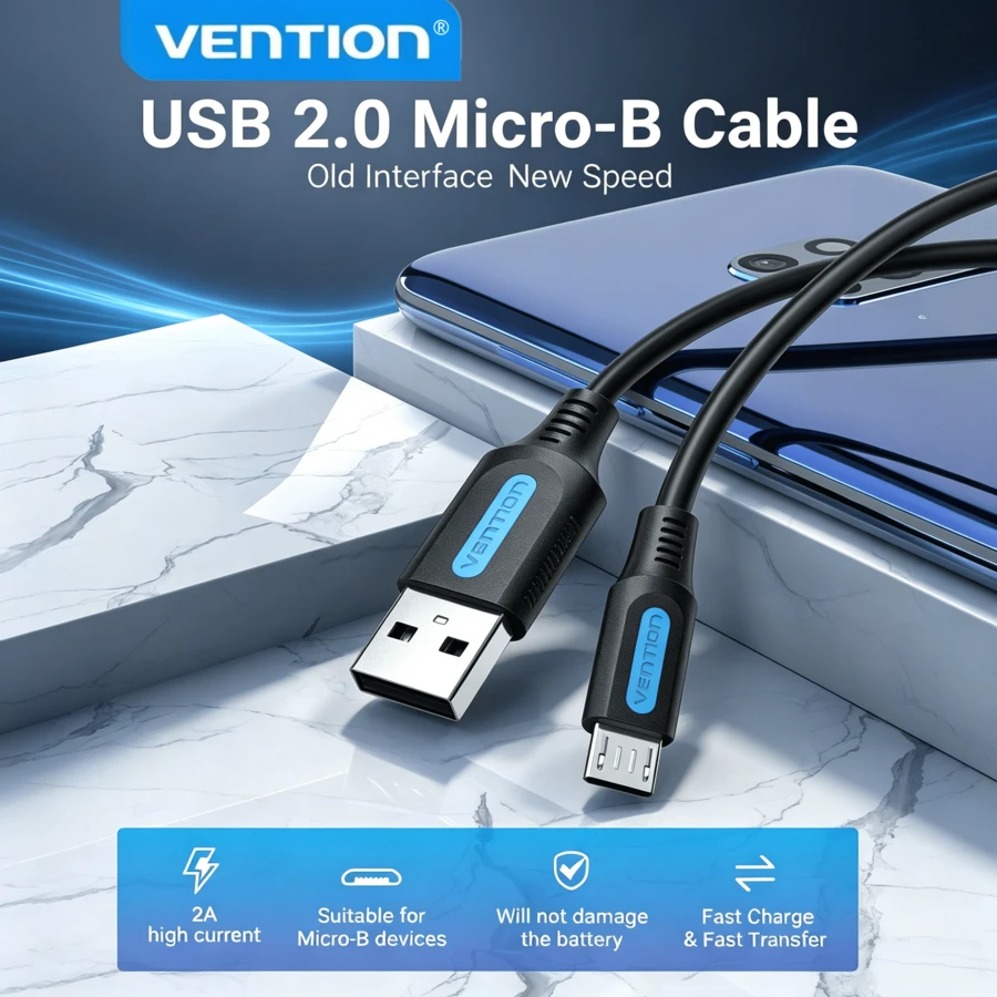VENTION Micro USB 傳輸線 3A 60W 快充 480Mbps USB 2.0 數據同步線 - 黑色 - 查看 1